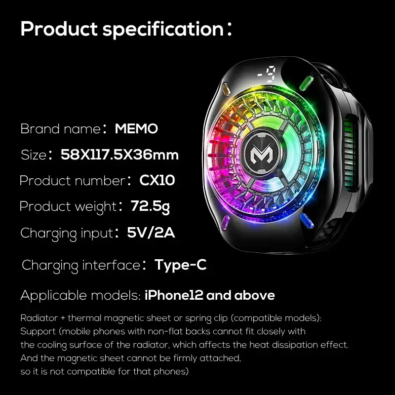 Memo CX10 RGB Pro Model With Digital Display Magnetic and Cllip Mobile Cooling Fan.webp